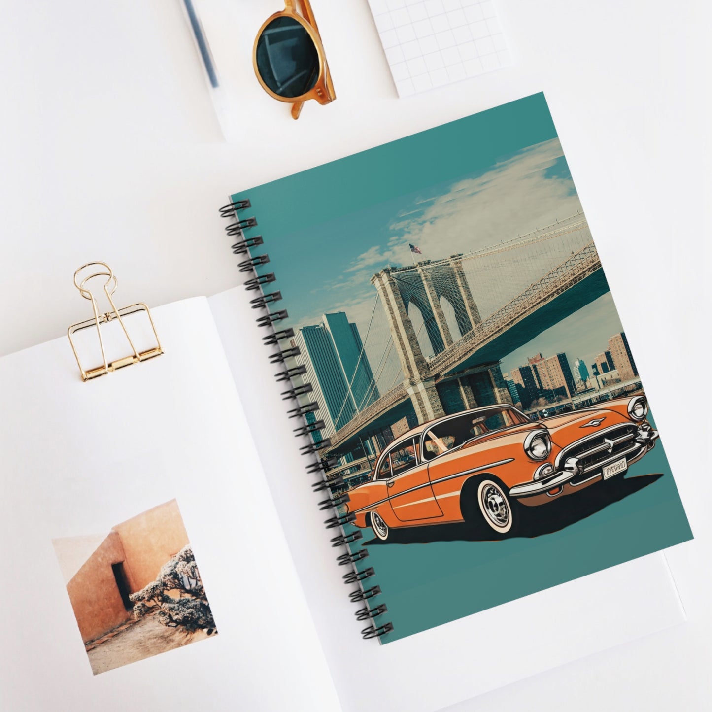 '57 Bel Air Brooklyn Bridge Spiral Notebook | Vintage American Sedan NYC Journal