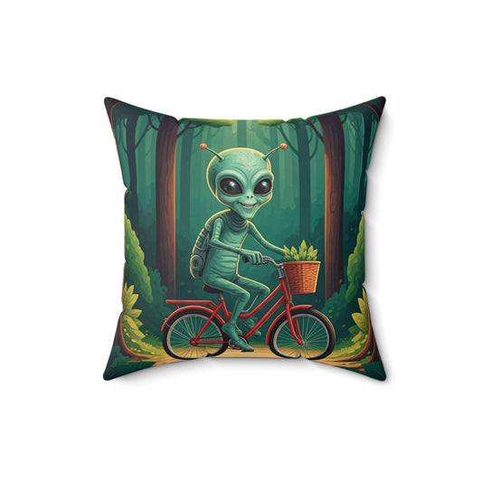 Whimsical Alien Bike Cushion: Forest Fantasy Pillow for Kids & Fantasy Decor Lovers