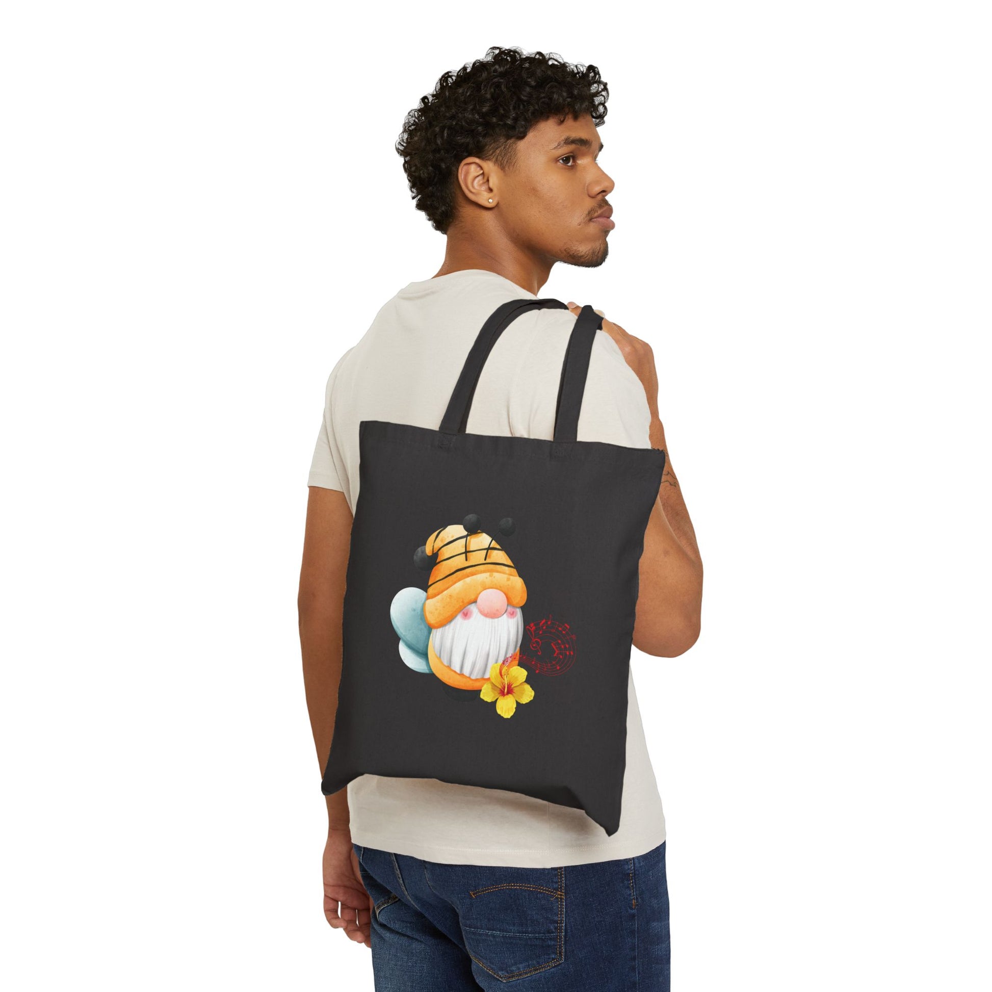 Mystical Bee Gnome Tote Bag: Carry Your Melodies & Magic (Natural & Black Canvas) Black 15" x 16"