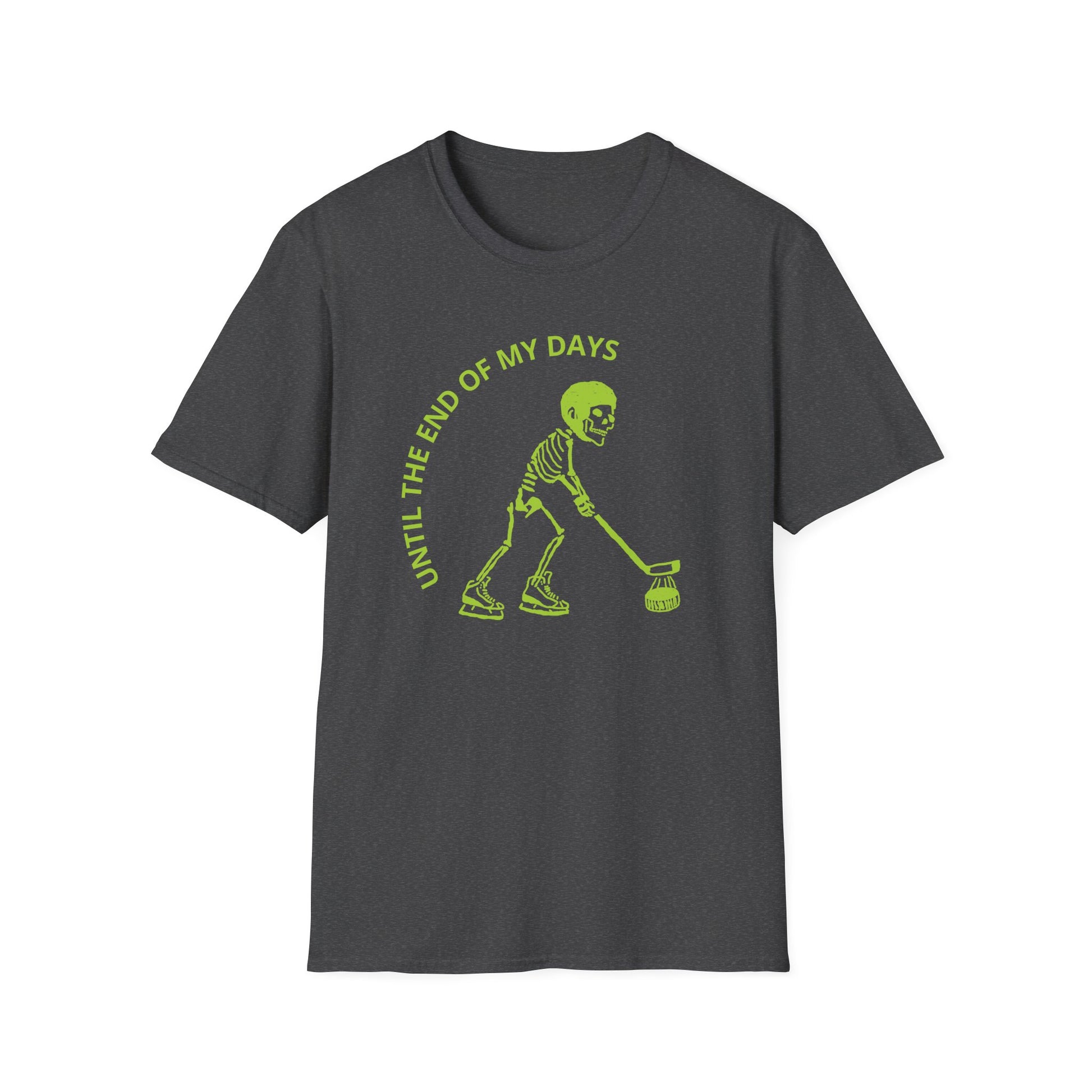 Hockey 'Til I Die: Skeleton fluo Hockey Player T-Shirt | Men's Short Sleeve Tee - Unisex Softstyle T-Shirt Dark Heather