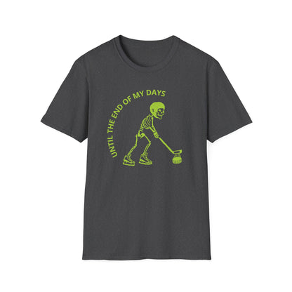 Hockey 'Til I Die: Skeleton fluo Hockey Player T-Shirt | Men's Short Sleeve Tee - Unisex Softstyle T-Shirt Dark Heather