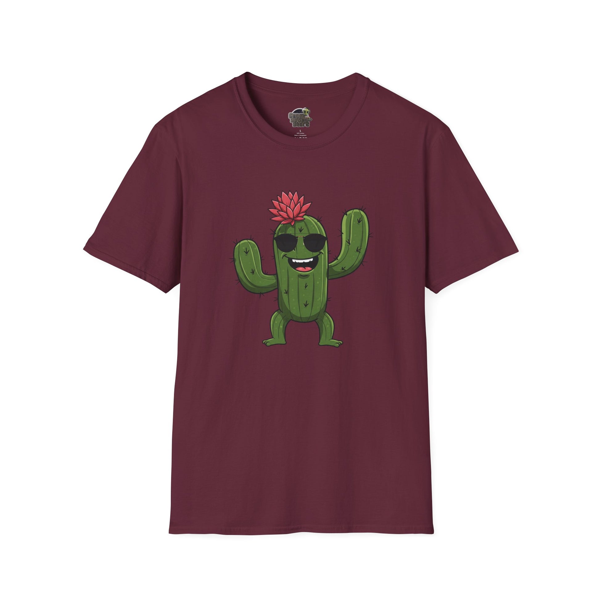 Cactus Mania T-Shirt: Fun Cactus with Sunglasses | Organic Cotton Tee for Nature Lovers Maroon