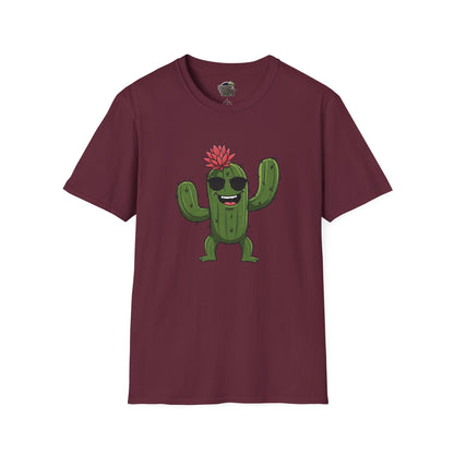 Cactus Mania T-Shirt: Fun Cactus with Sunglasses | Organic Cotton Tee for Nature Lovers Maroon