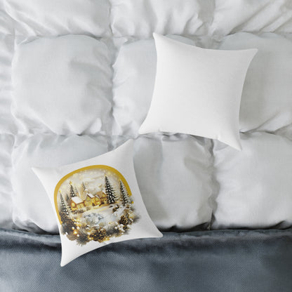 Luxury Golden Winter Village Throw Pillow | Elegant Holiday Cabin Decor