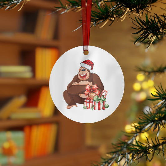 Happy Holiday Chimp Christmas Ornament - Funny Monkey with Gifts Tree Decor