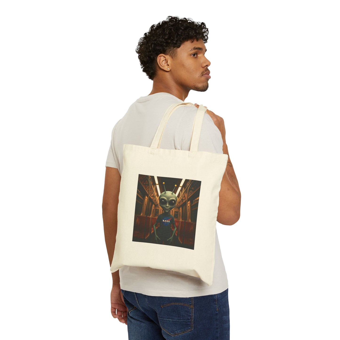Alien in Subway Tote Bag: Urban Adventure on Canvas - Funny & Quirky City Life Gift for Travelers & Explorers