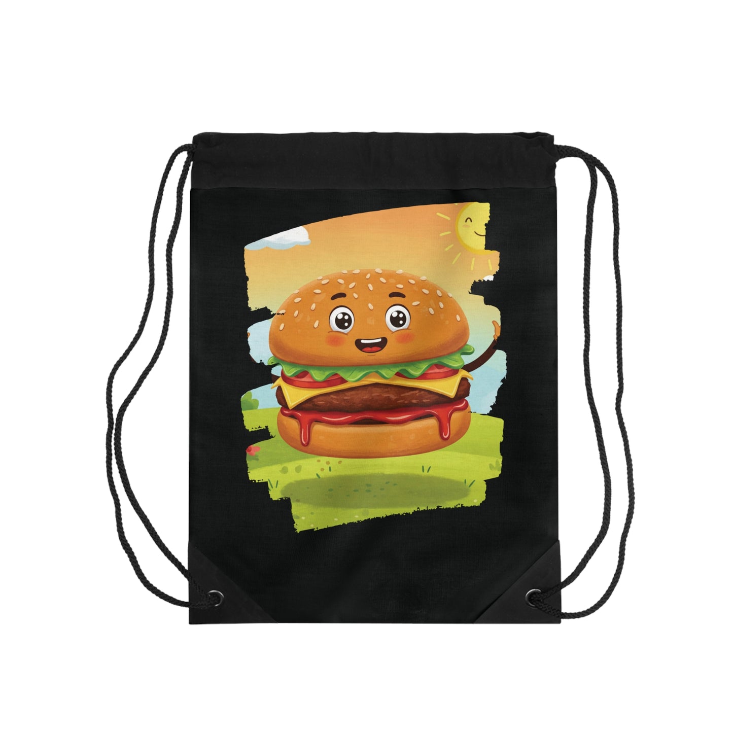 The Sunny Slider – Happy Hamburger Drawstring Bag