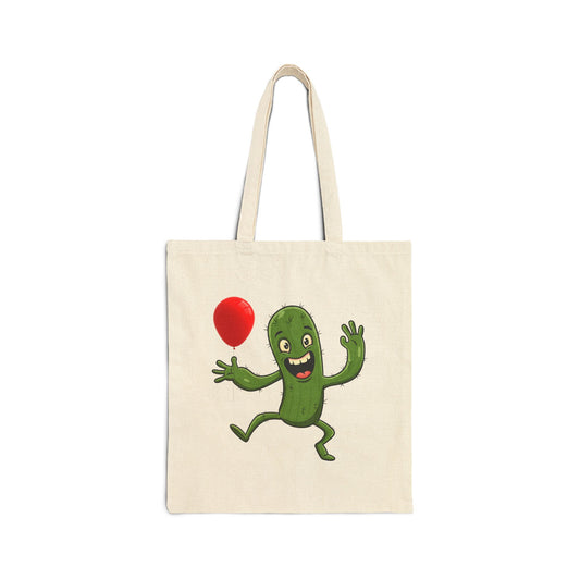 Smiling Cactus with Balloon Tote Bag - Eco-Friendly & Versatile Fun! Natural 15" x 16"