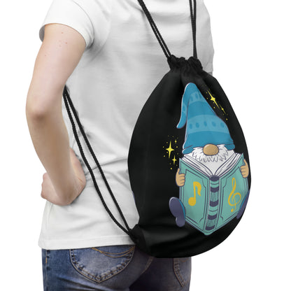 Enchanting Light Blue Gnome with Music Book Drawstring Bag: Whimsical & Wise