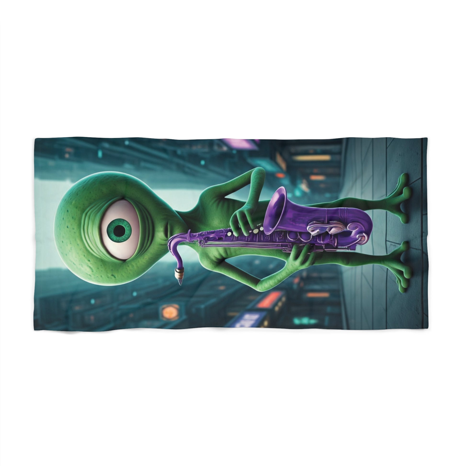 Let the Cosmic Melodies Flow! Drift Away with Our Alien Sax Player Beach Towel.