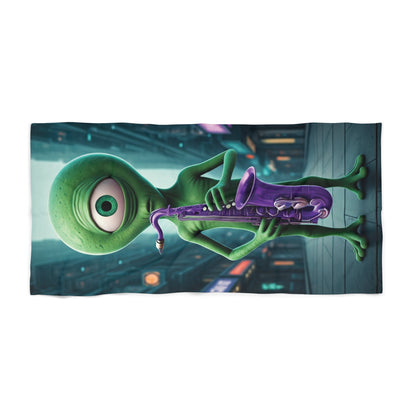 Let the Cosmic Melodies Flow! Drift Away with Our Alien Sax Player Beach Towel.