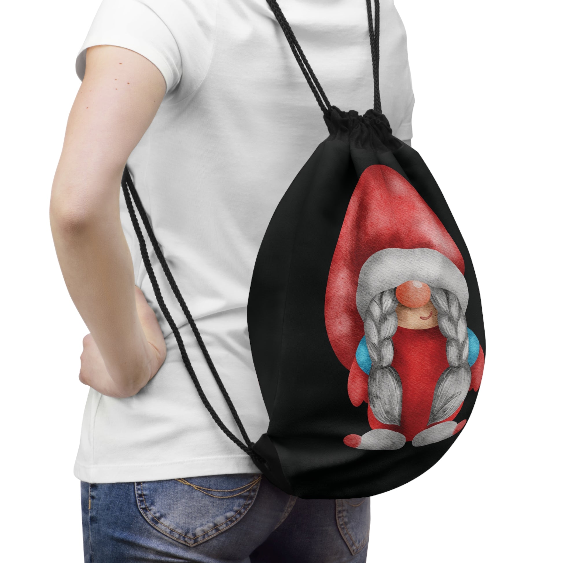 Whimsical Red Braided Gnome Drawstring Bag: Melodies & Charm on the Go