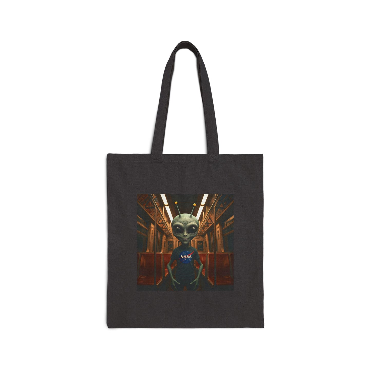 Alien in Subway Tote Bag: Urban Adventure on Canvas - Funny & Quirky City Life Gift for Travelers & Explorers