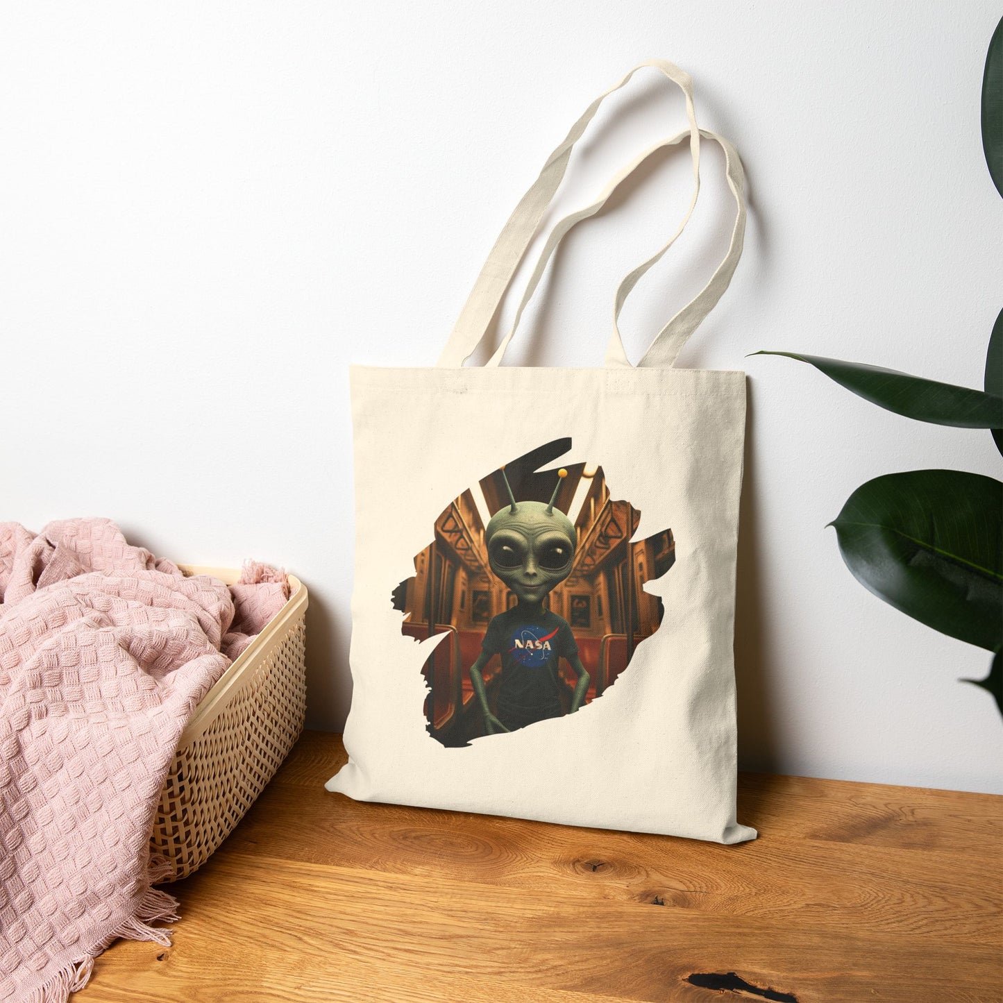 Alien in Subway Tote Bag: Urban Adventure on Canvas - Funny & Quirky City Life Gift for Travelers & Explorers
