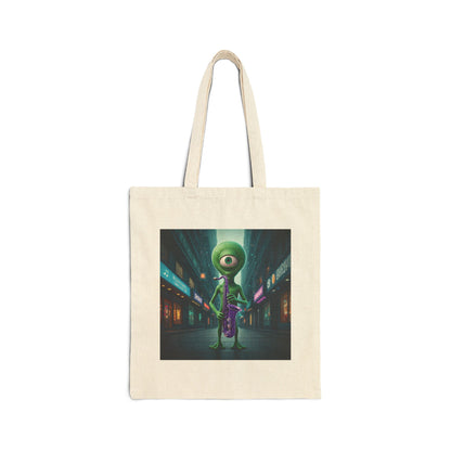 Alien playing sax in a empty city at Night. The alien Is featured on a Natural color Canvas tote bag.