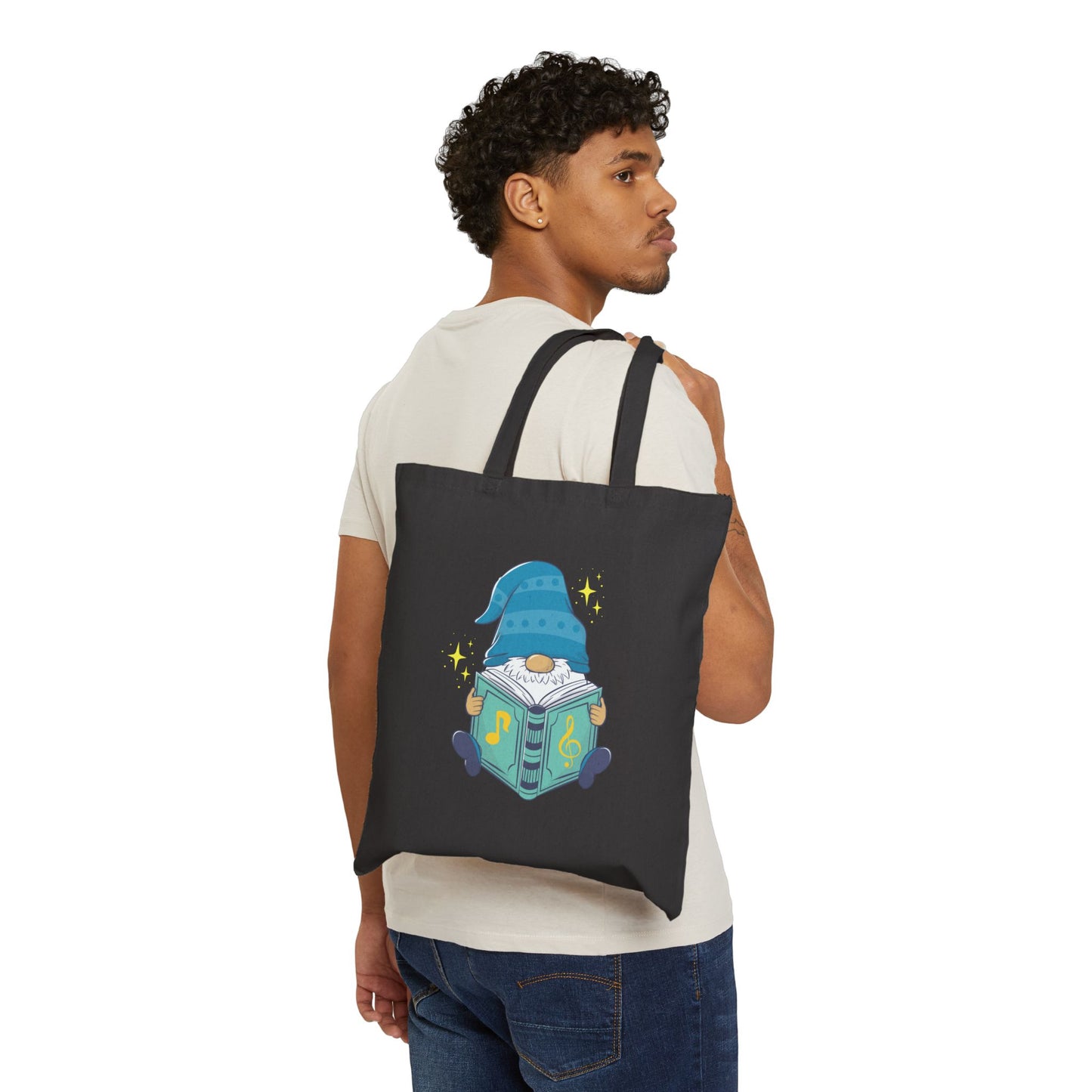Magical Reading Gnome Tote Bag: Carry Your Stories & Sparkle (Natural & Black Canvas) Black 15" x 16"
