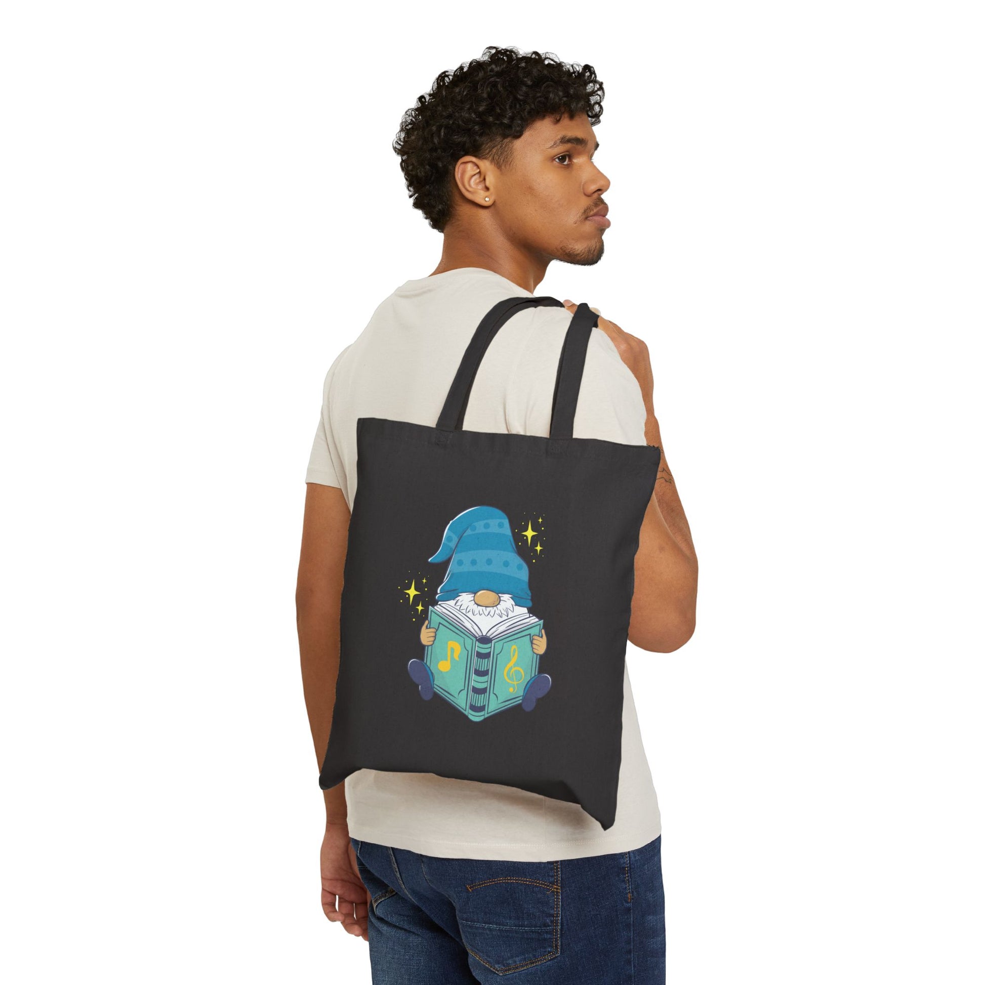 Magical Reading Gnome Tote Bag: Carry Your Stories & Sparkle (Natural & Black Canvas) Black 15" x 16"