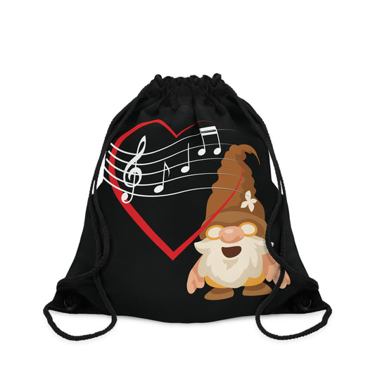Heartfelt Melodies Drawstring Bag: Whimsical Gnome & Music Design