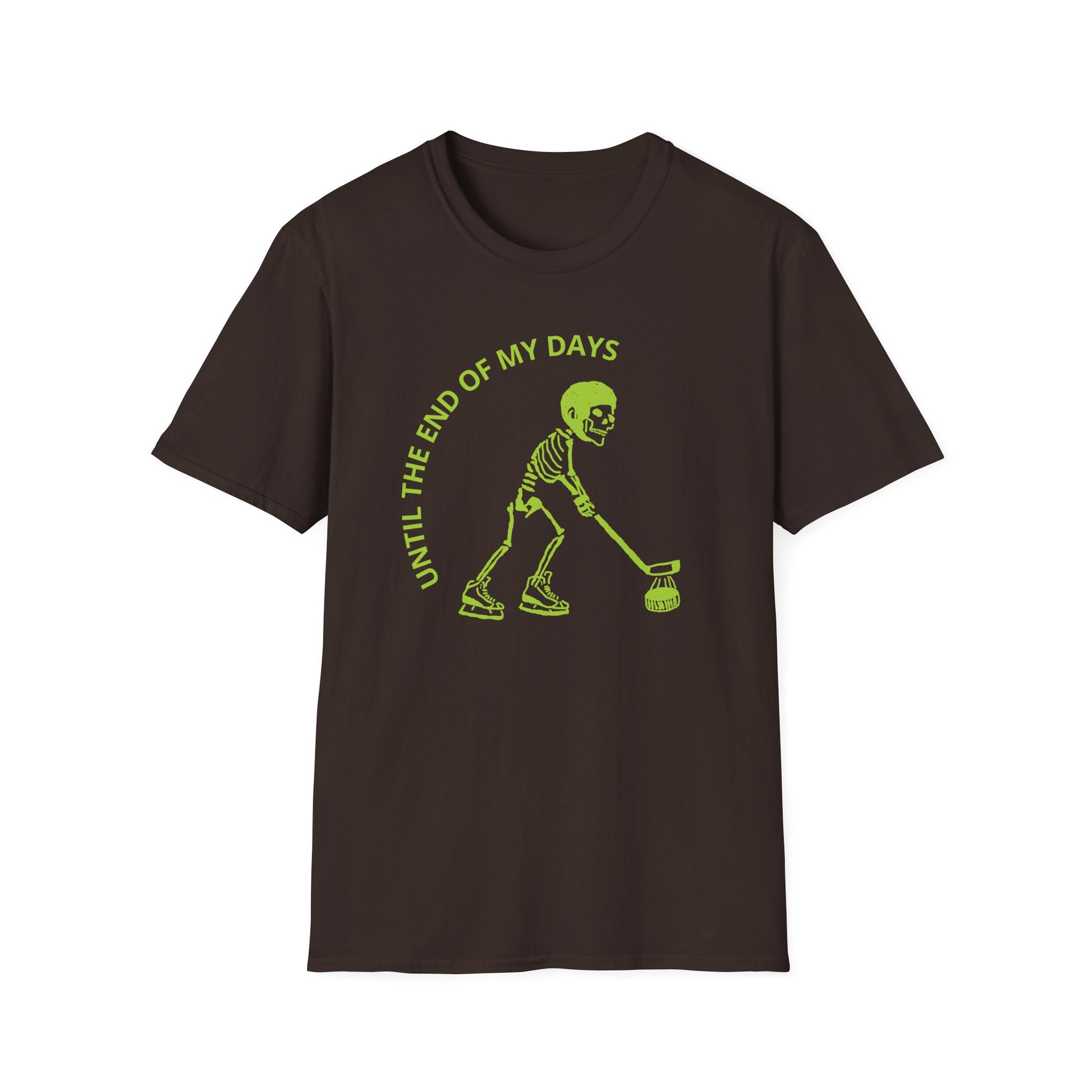 Hockey 'Til I Die: Skeleton fluo Hockey Player T-Shirt | Men's Short Sleeve Tee - Unisex Softstyle T-Shirt Dark Chocolate