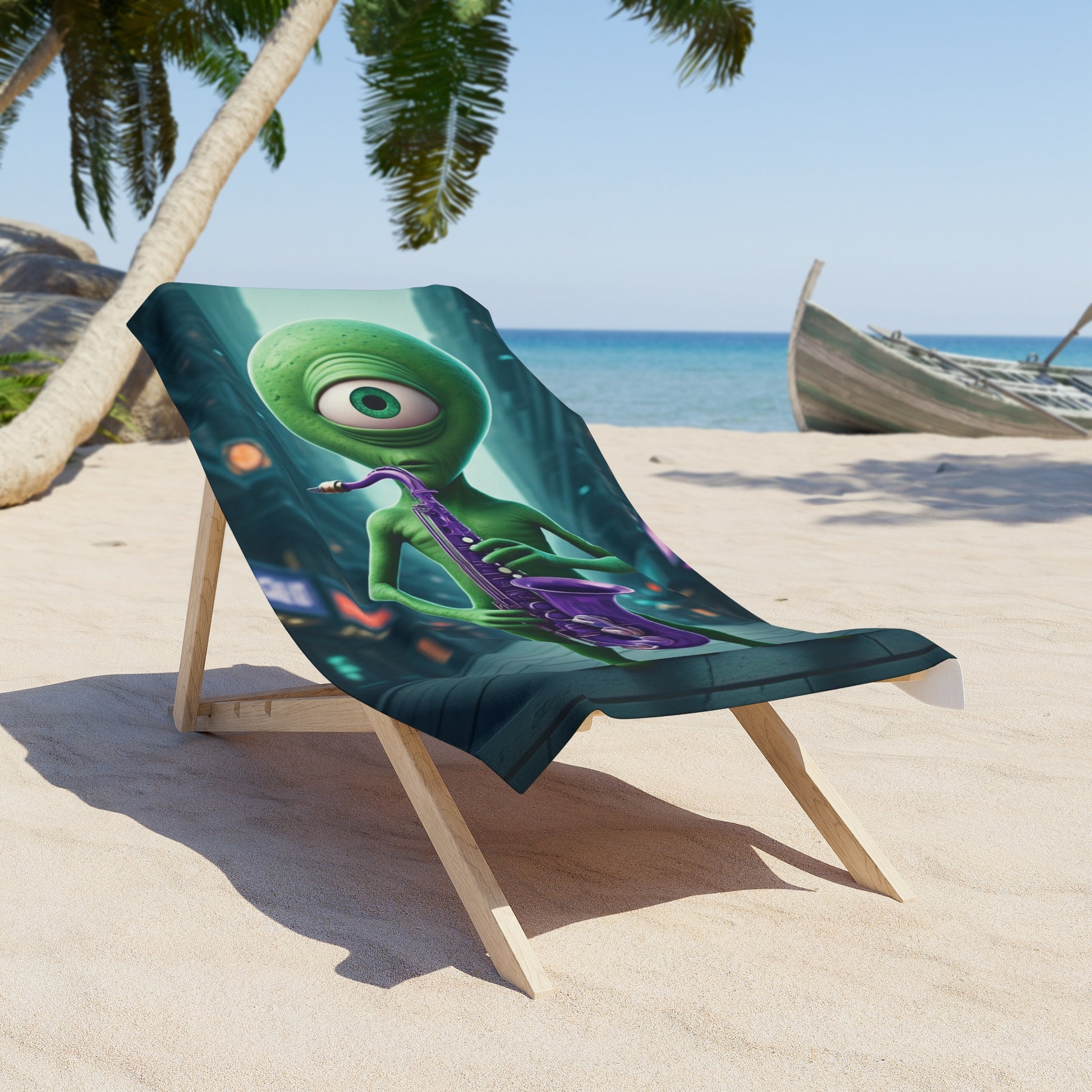 Let the Cosmic Melodies Flow! Drift Away with Our Alien Sax Player Beach Towel. 30" × 60"