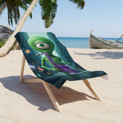 Let the Cosmic Melodies Flow! Drift Away with Our Alien Sax Player Beach Towel. 30" × 60"