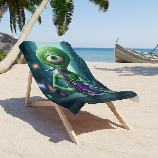 Let the Cosmic Melodies Flow! Drift Away with Our Alien Sax Player Beach Towel. 30" × 60"