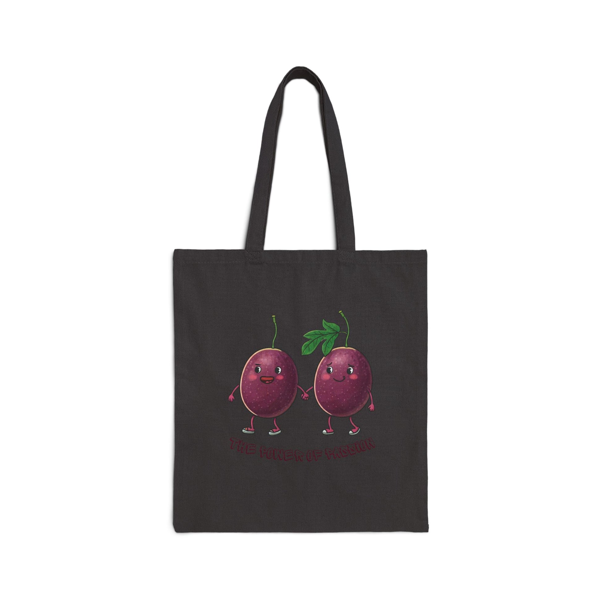 Power of Passion Tote Bag: Funny Holding Hands Fruit Bag Black 15" x 16"