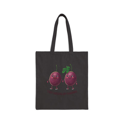Power of Passion Tote Bag: Funny Holding Hands Fruit Bag Black 15" x 16"