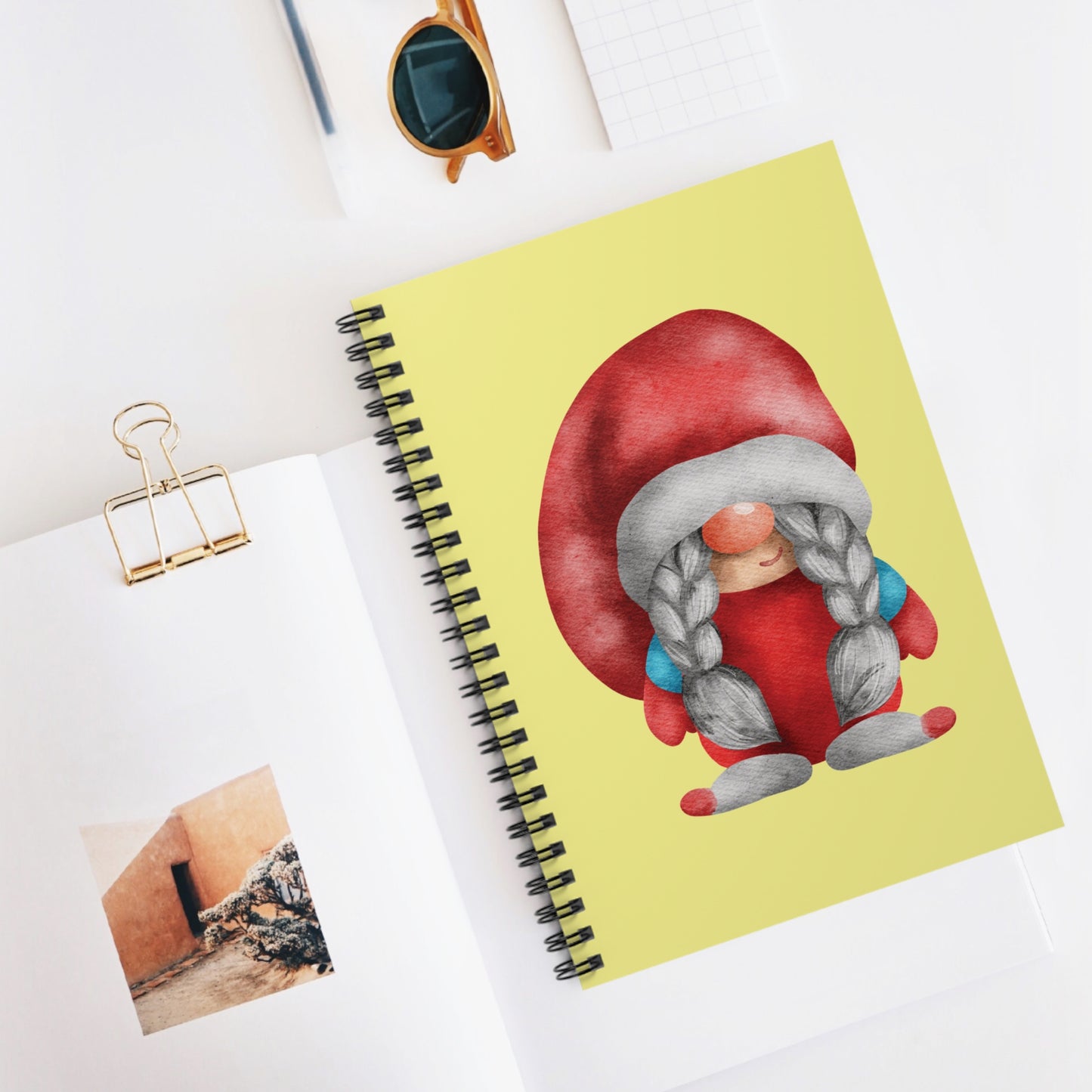 Sweet Lady Gnome Spiral Notebook - Red Winter Journal with Braids - Cozy Stationery Gift