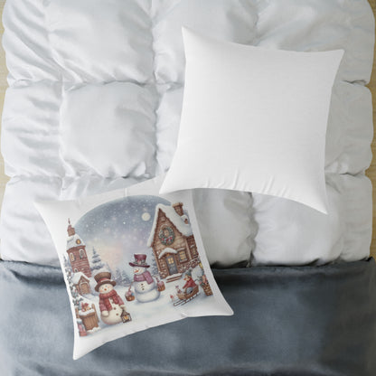 Cozy Christmas Village Throw Pillow | Watercolor Winter Snowman Decor