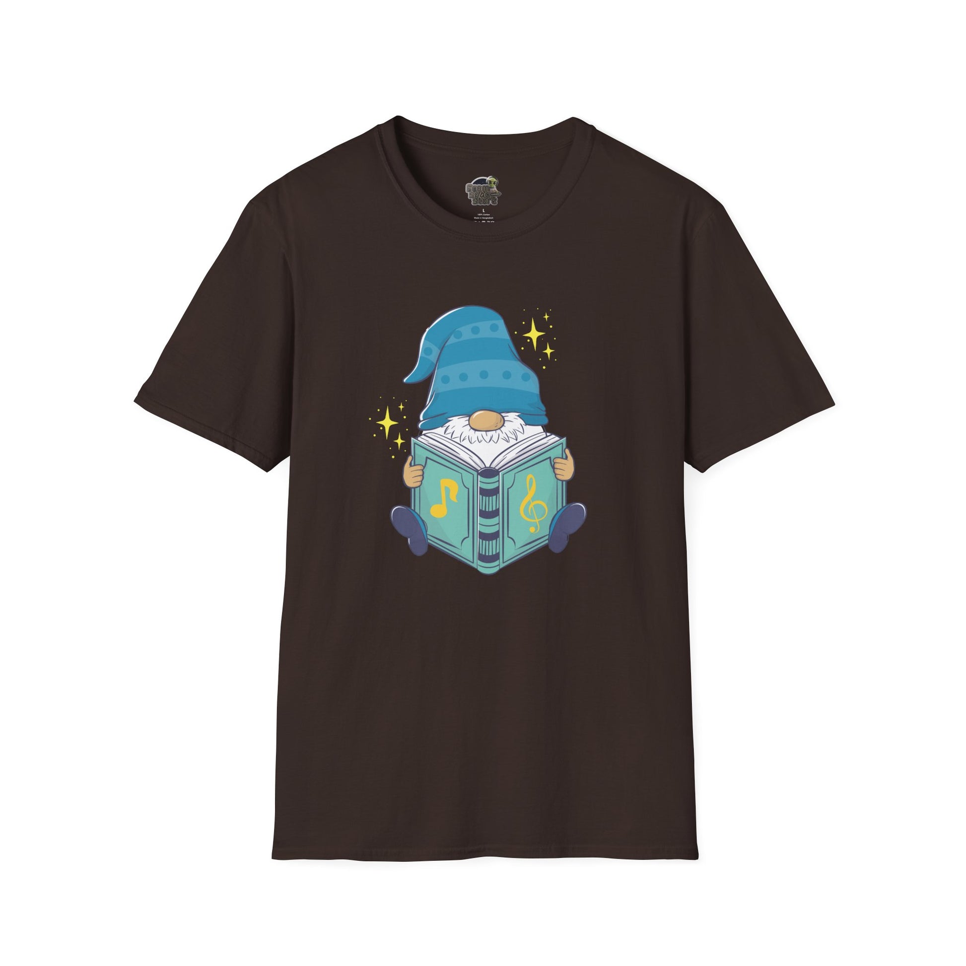 Mystical Book-Reading Gnome Unisex T-Shirt: Stories & Sparkle Dark Chocolate