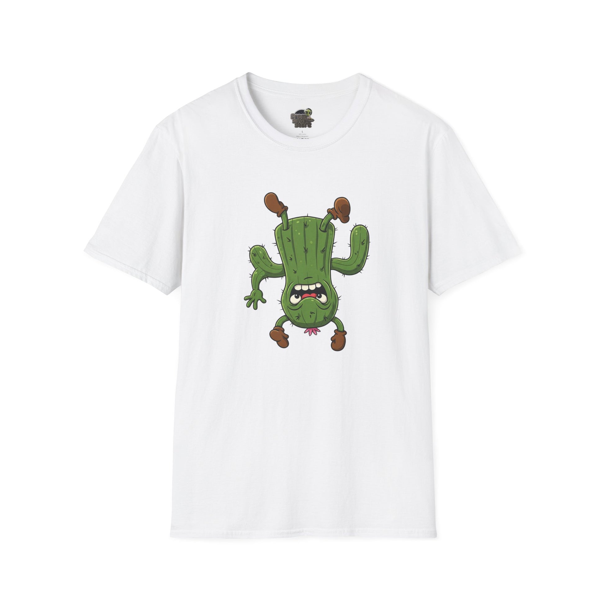 Shocked Cactus T-Shirt: Funky Upside-Down Cactus Tee | Organic Cotton Unisex Graphic Shirt S White