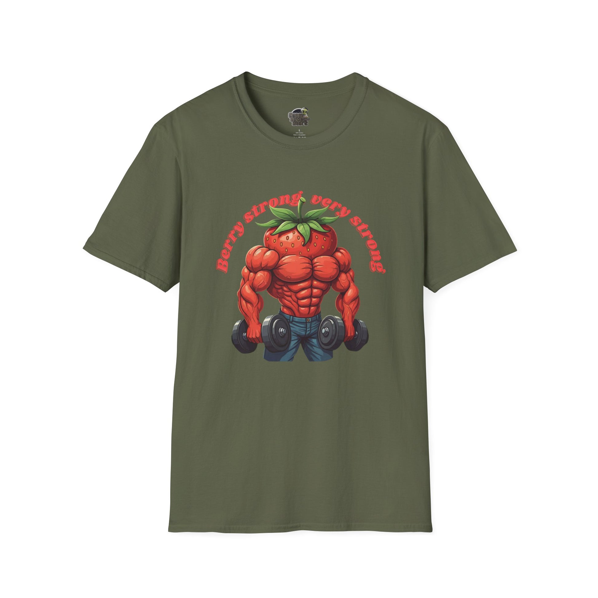 Berry Strong t-shirt: Funny Strawberry Bodybuilder Tee Military Green