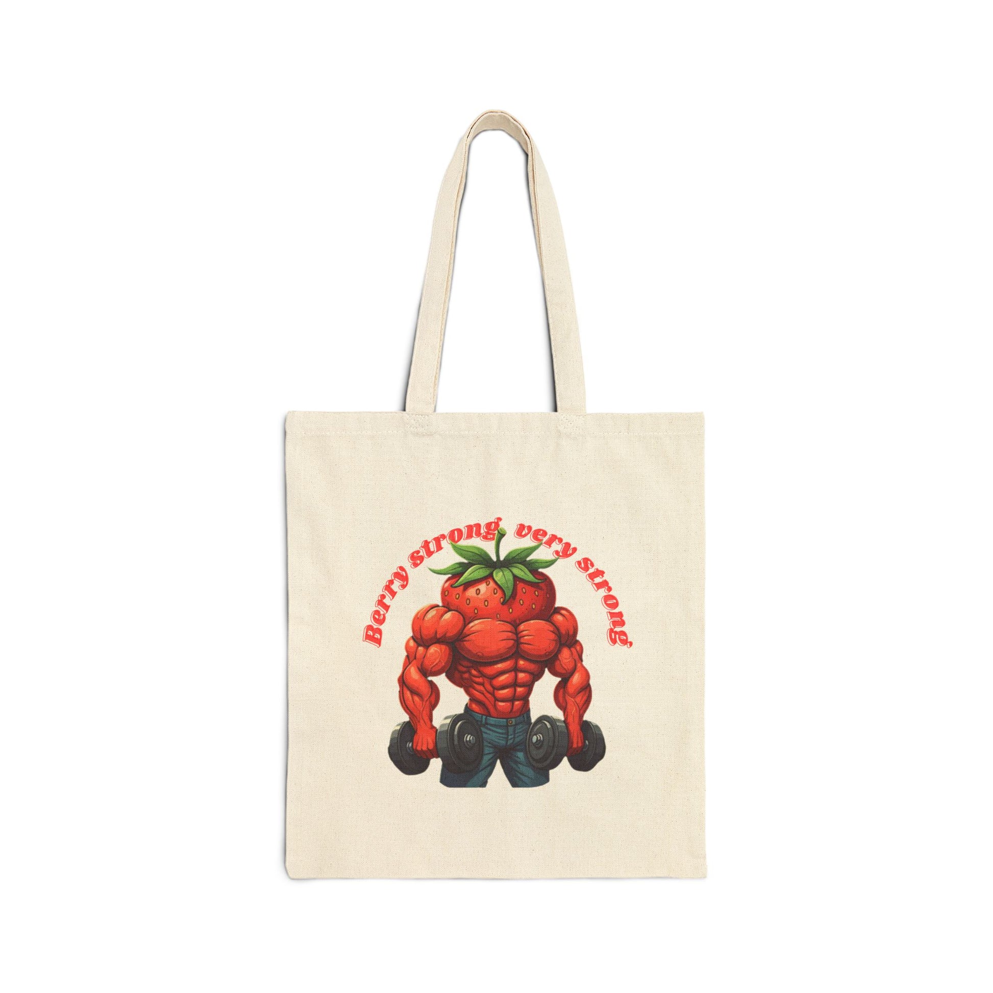 Berry Strong Tote Bag: Funny Strawberry Gym & Shopping Bag Natural 15" x 16"