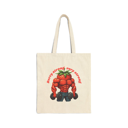 Berry Strong Tote Bag: Funny Strawberry Gym & Shopping Bag Natural 15" x 16"