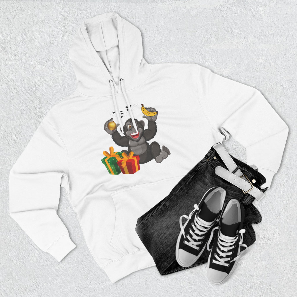 Three-Panel Fleece Hoodie - jingle bells banana gorilla