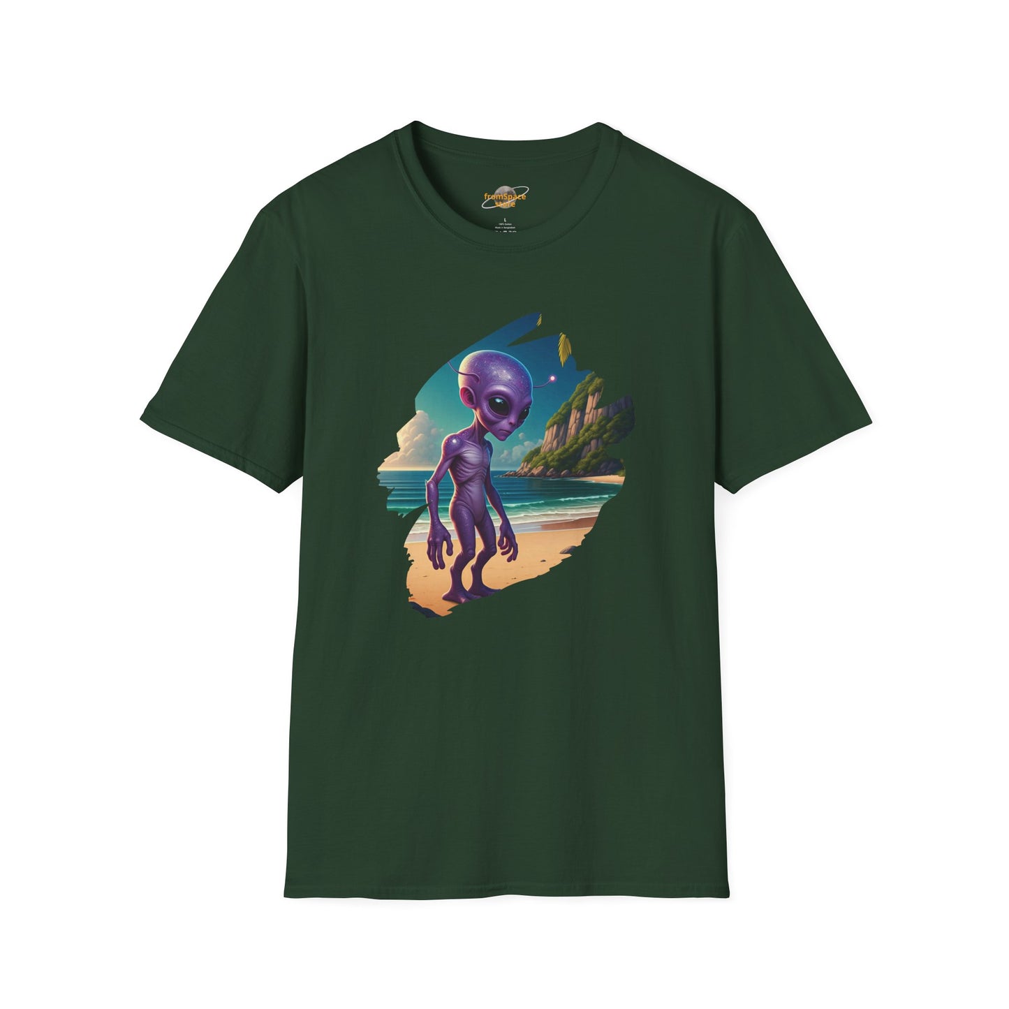 Alien at Beach T-Shirt: Funny Sci-Fi Beachwear | Organic Cotton