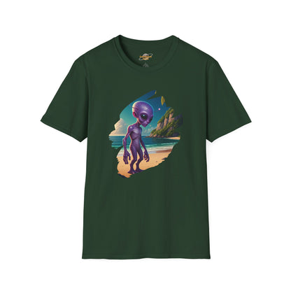 Alien at Beach T-Shirt: Funny Sci-Fi Beachwear | Organic Cotton