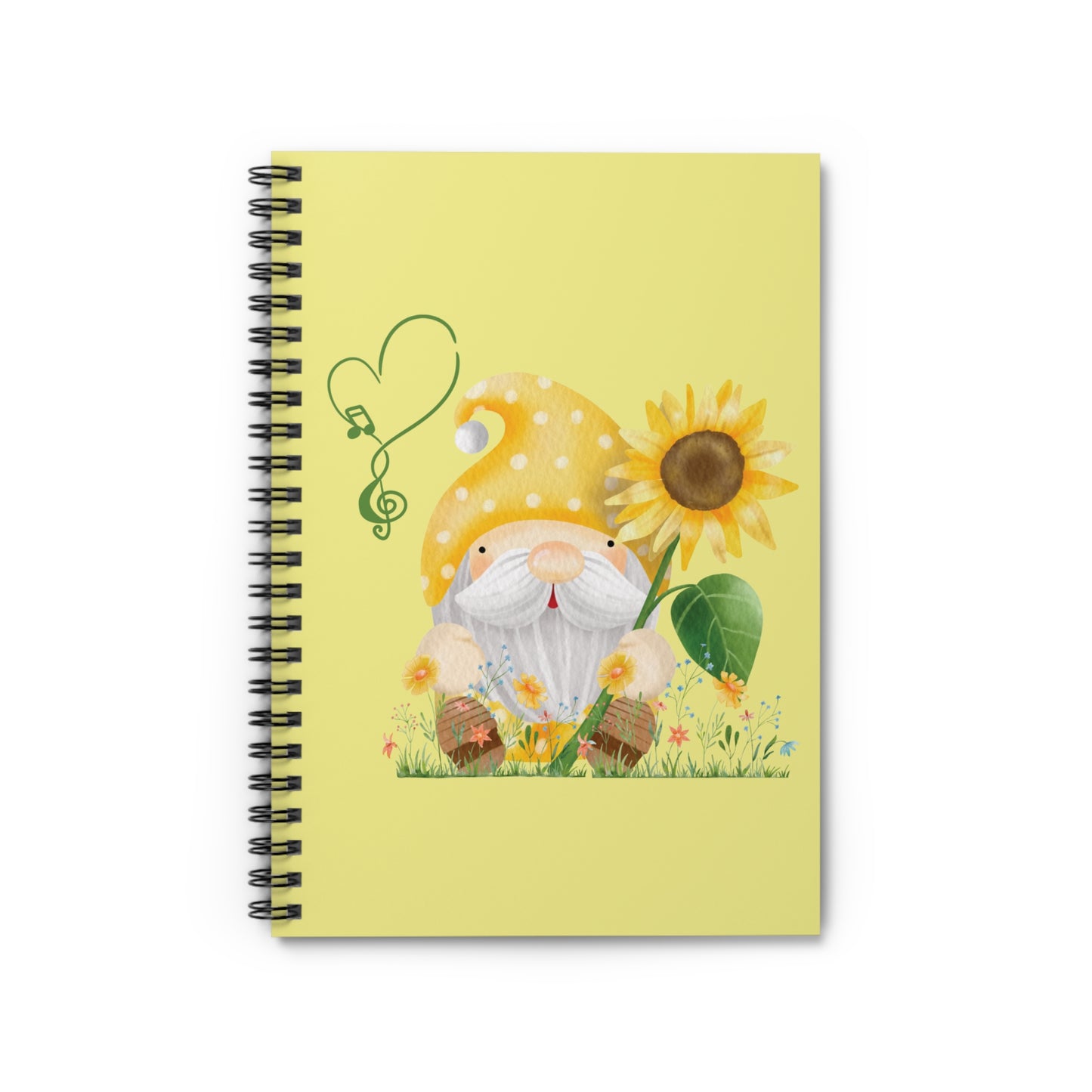 Cheerful Gnome with Sunflower Spiral Notebook - Spring/Summer Ruled Journal - Nature Stationery Gift