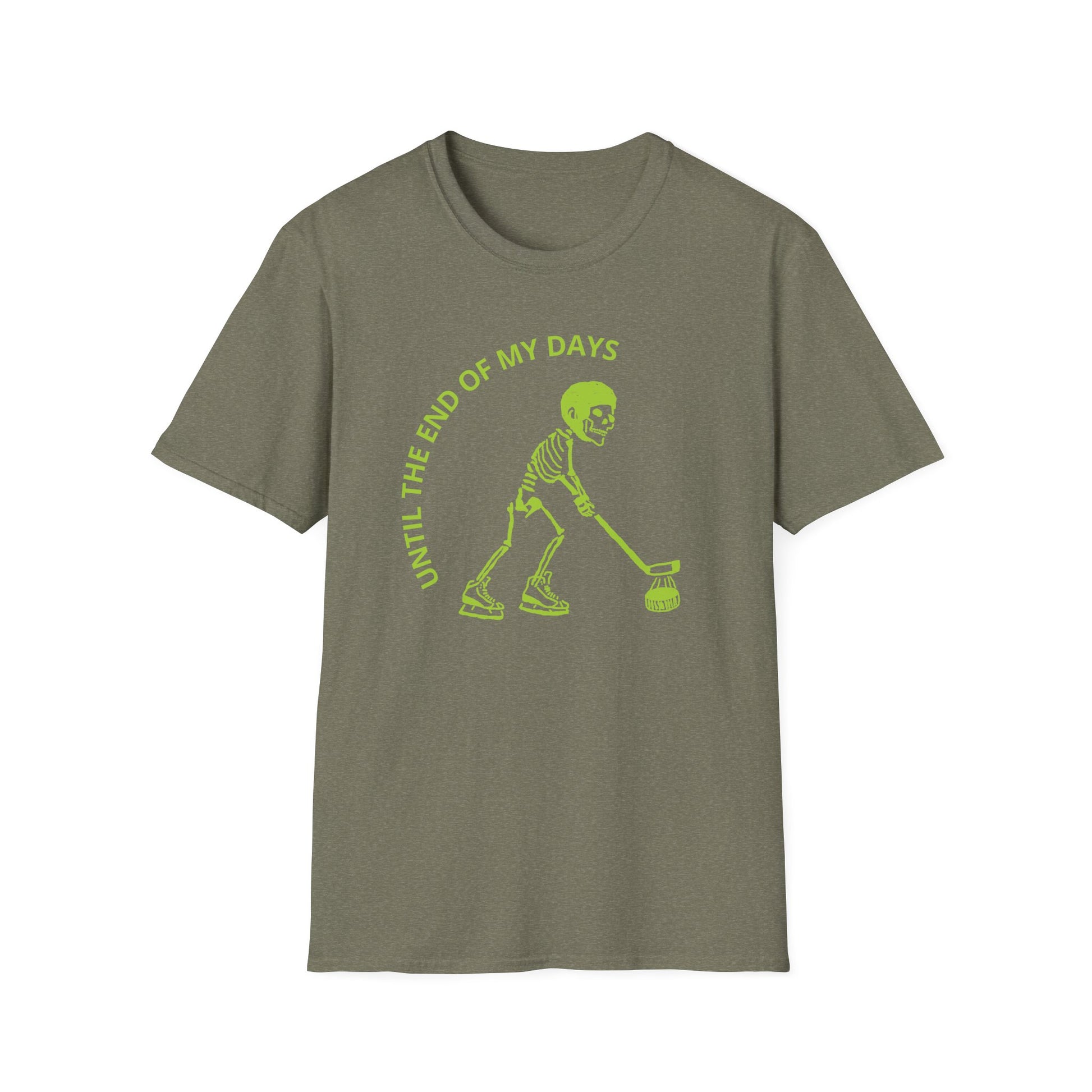 Hockey 'Til I Die: Skeleton fluo Hockey Player T-Shirt | Men's Short Sleeve Tee - Unisex Softstyle T-Shirt Heather Military Green