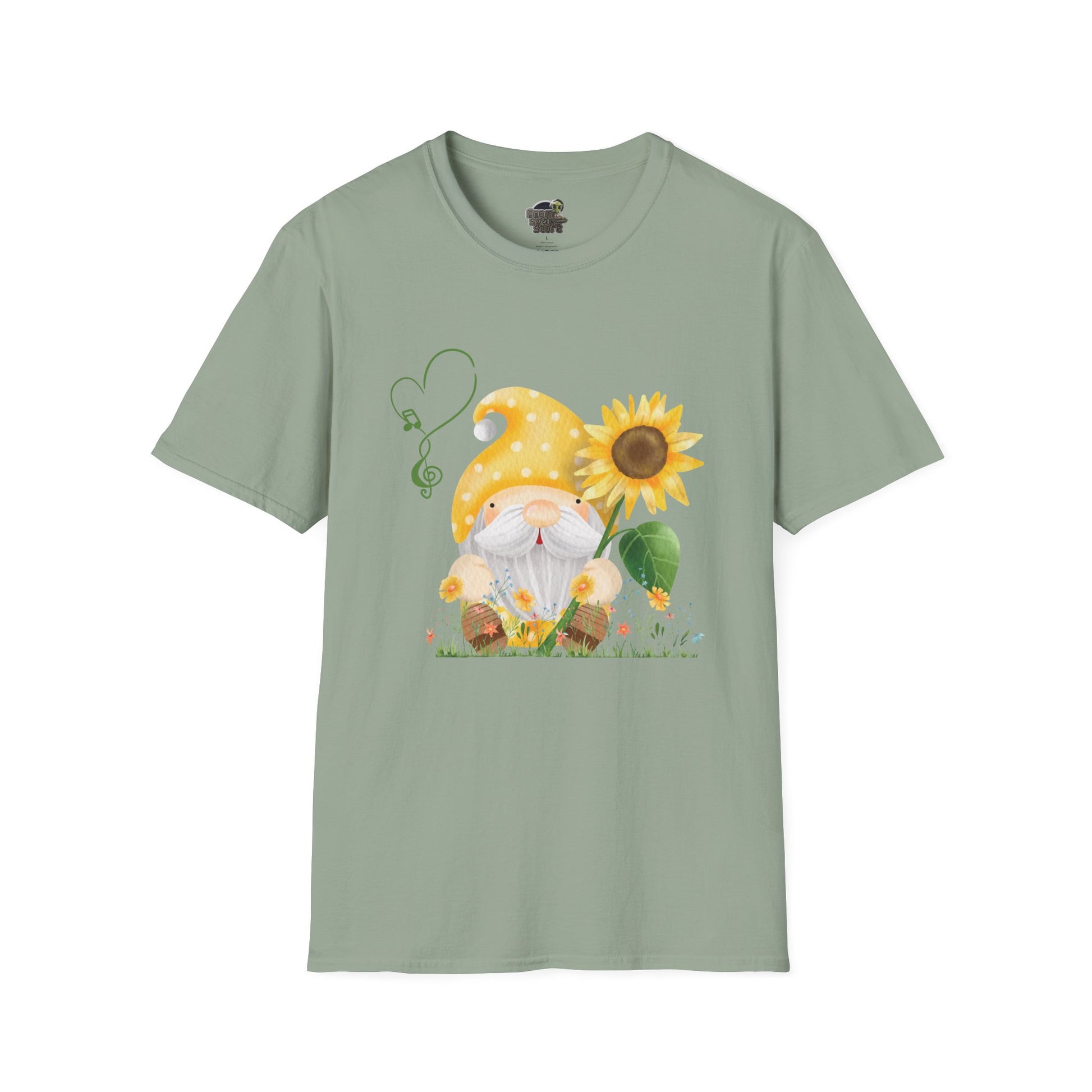 Gnome with Sunflower Unisex T-Shirt: Sunshine, Smiles & Secret Songs Sage