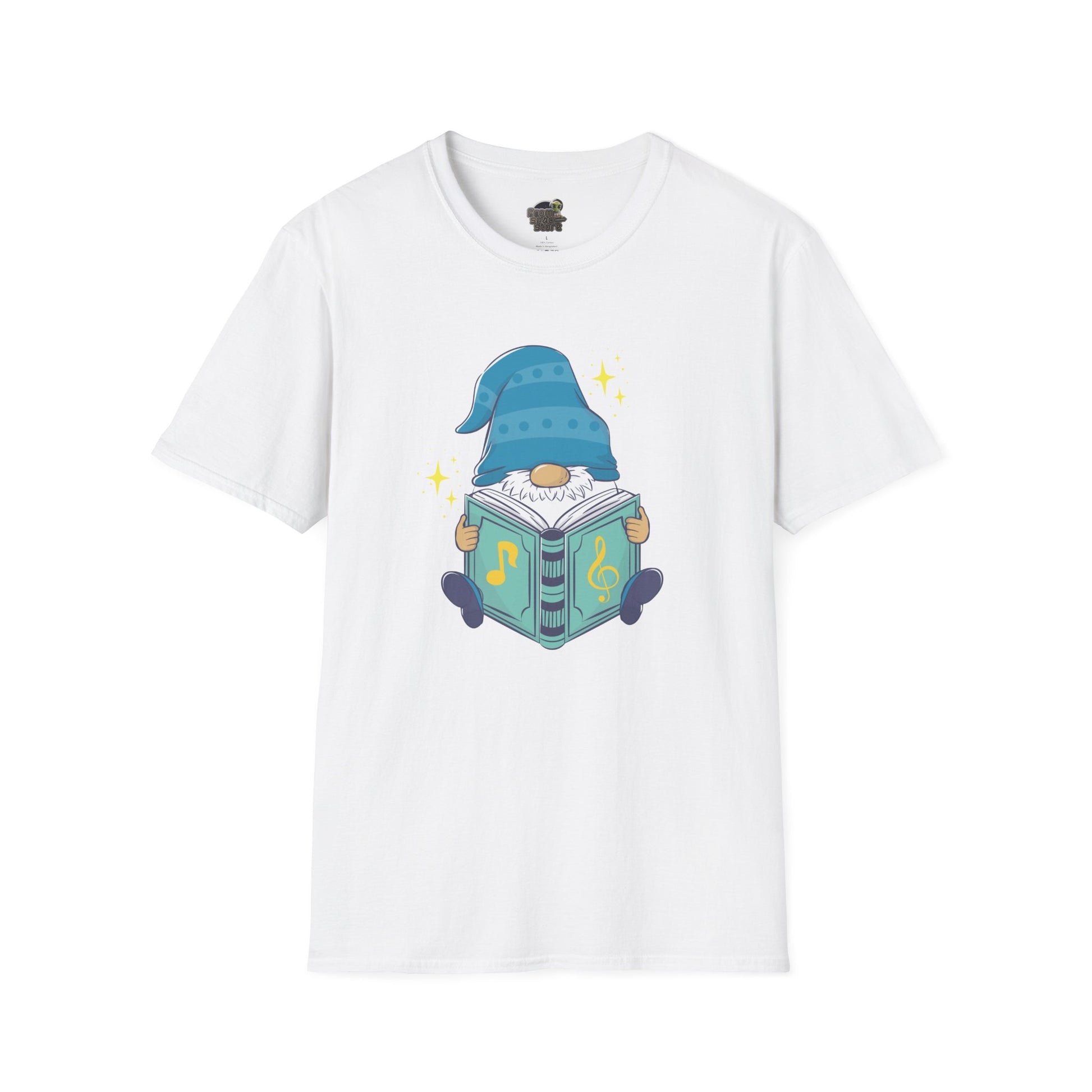 Mystical Book-Reading Gnome Unisex T-Shirt: Stories & Sparkle White