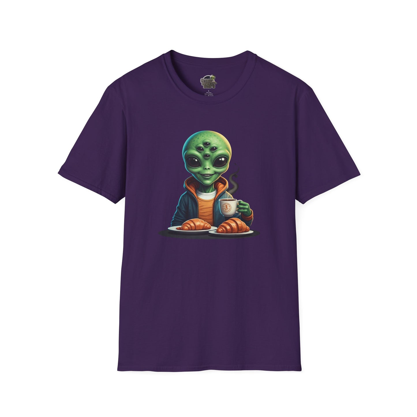 Purple alien making breakfast unisex t-shirt
