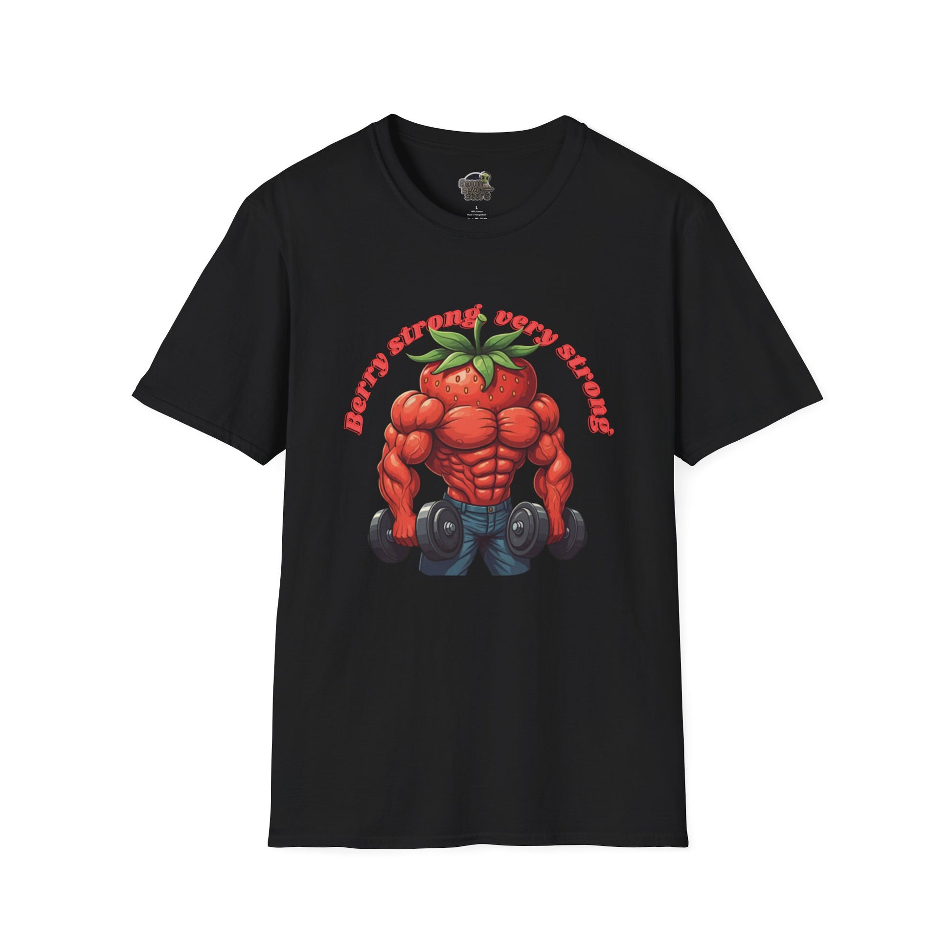 Berry Strong t-shirt: Funny Strawberry Bodybuilder Tee Black