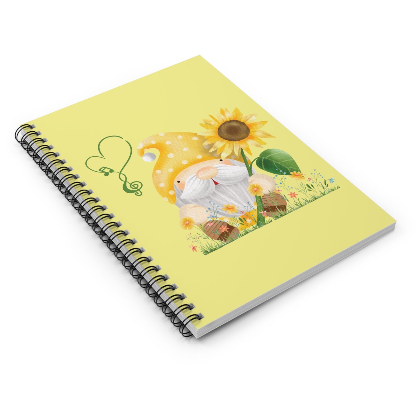 Cheerful Gnome with Sunflower Spiral Notebook - Spring/Summer Ruled Journal - Nature Stationery Gift