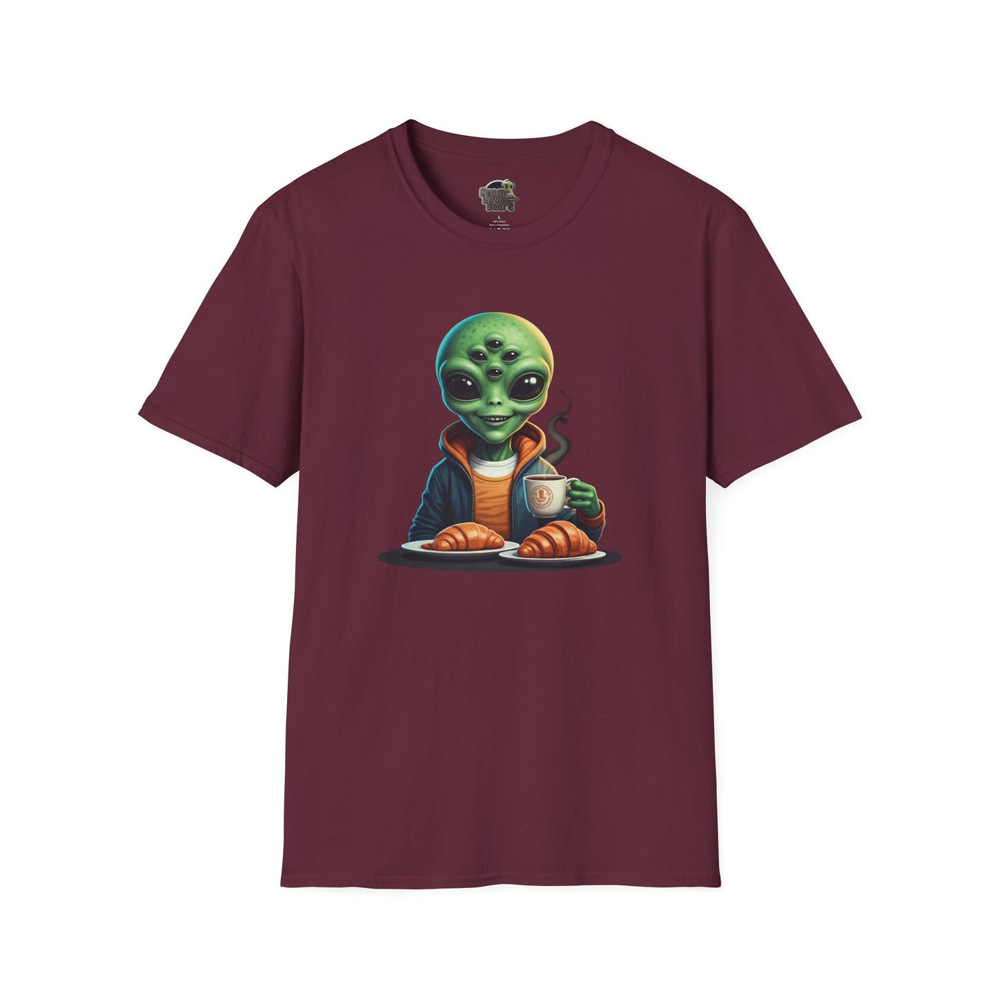 Maroon alien making breakfast unisex t-shirt