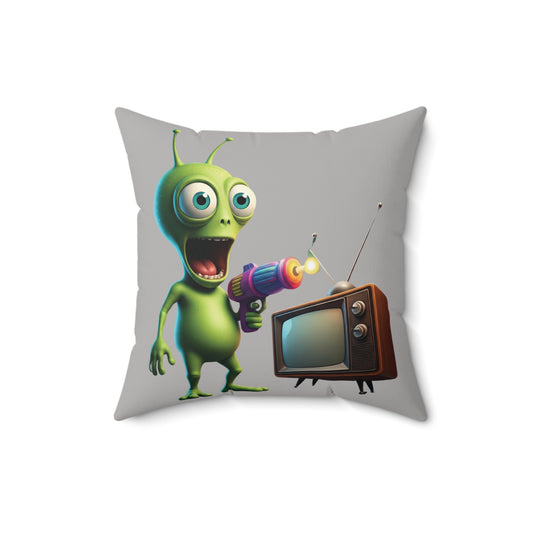 Alien Vibes Pillow: Funny Cartoon Alien with Ray Gun & Retro TV - Unique Sci-Fi Throw Pillow for Couch & Bedroom