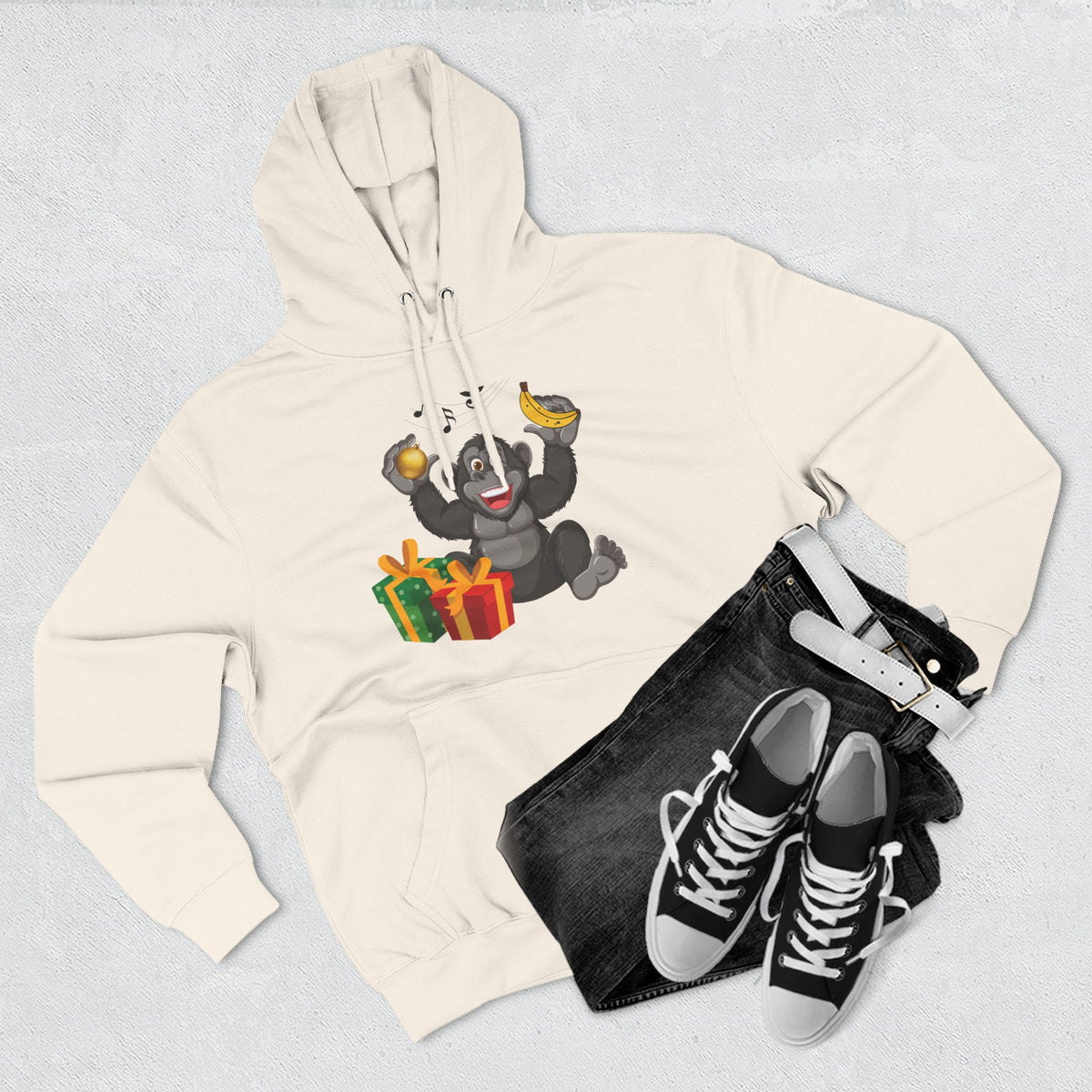 Three-Panel Fleece Hoodie - jingle bells banana gorilla