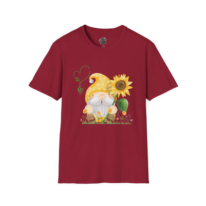 Gnome with Sunflower Unisex T-Shirt: Sunshine, Smiles & Secret Songs Cardinal Red