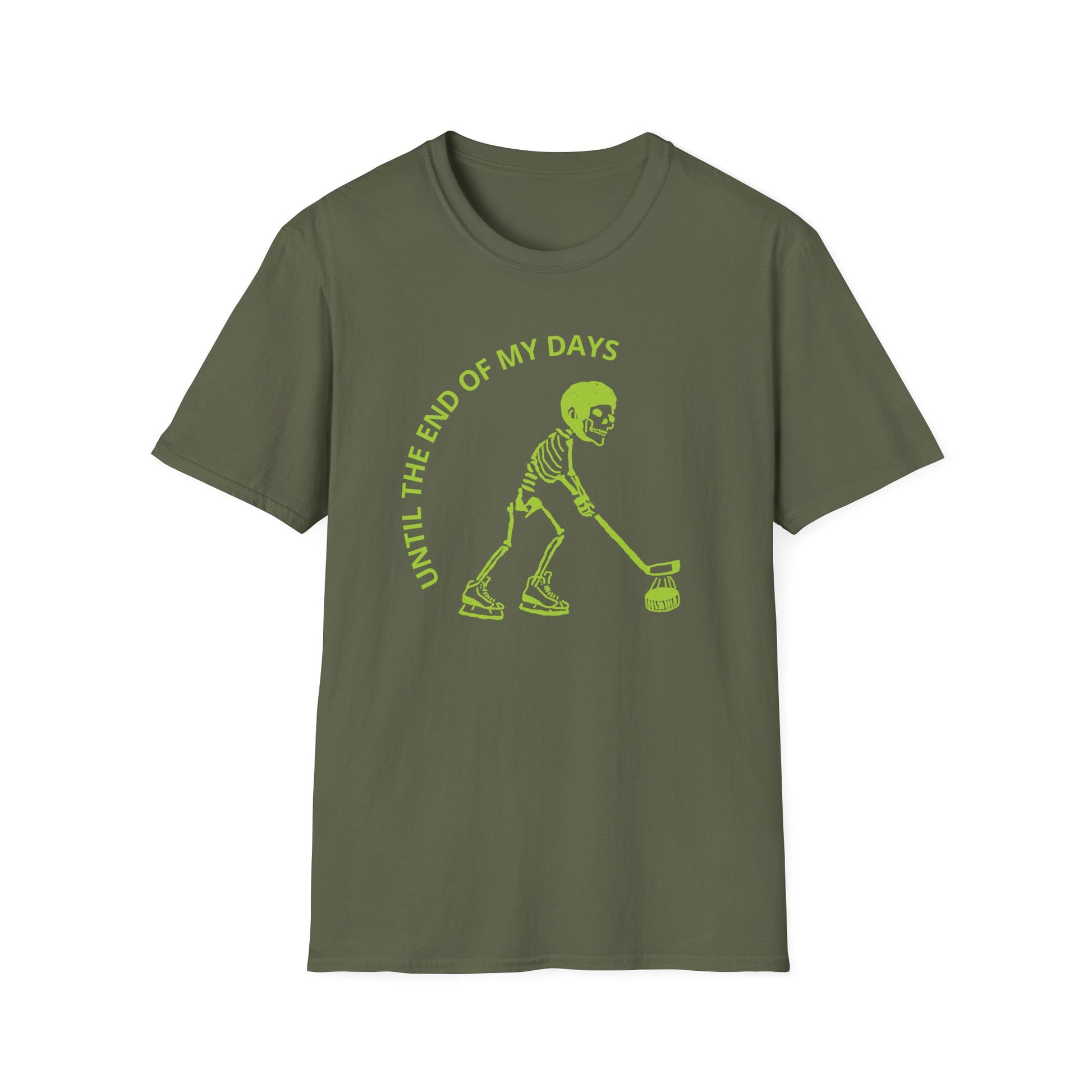 Hockey 'Til I Die: Skeleton fluo Hockey Player T-Shirt | Men's Short Sleeve Tee - Unisex Softstyle T-Shirt Military Green